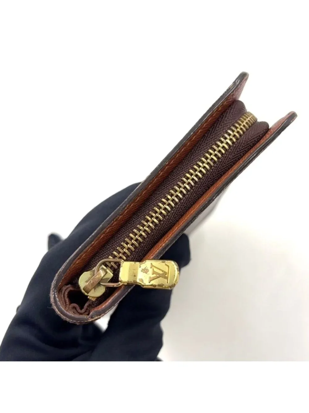 Louis Vuitton Porto Monnaie Zip Monogram Leather Brown Round Zippy Wallet Gold